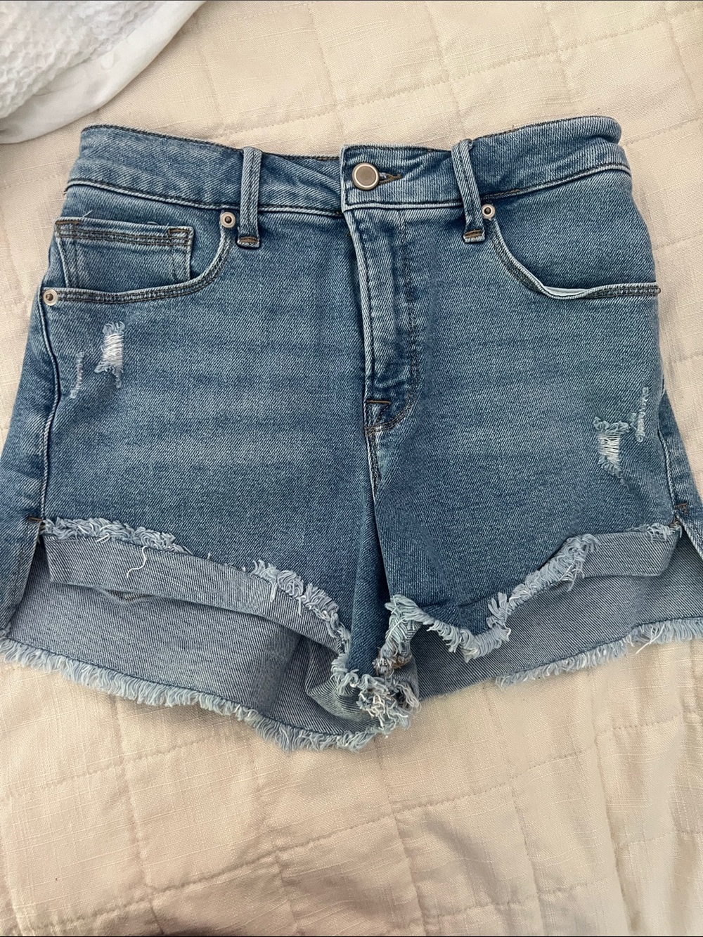 Good American Women's Light Blue Distressed Denim Shorts